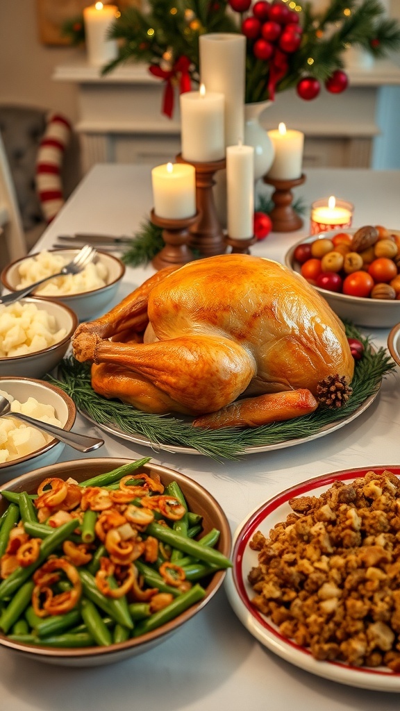 Traditional Christmas Dinner for Four A festive Christmas dinner table with roasted turkey, mashed potatoes, green bean casserole, and stuffing.